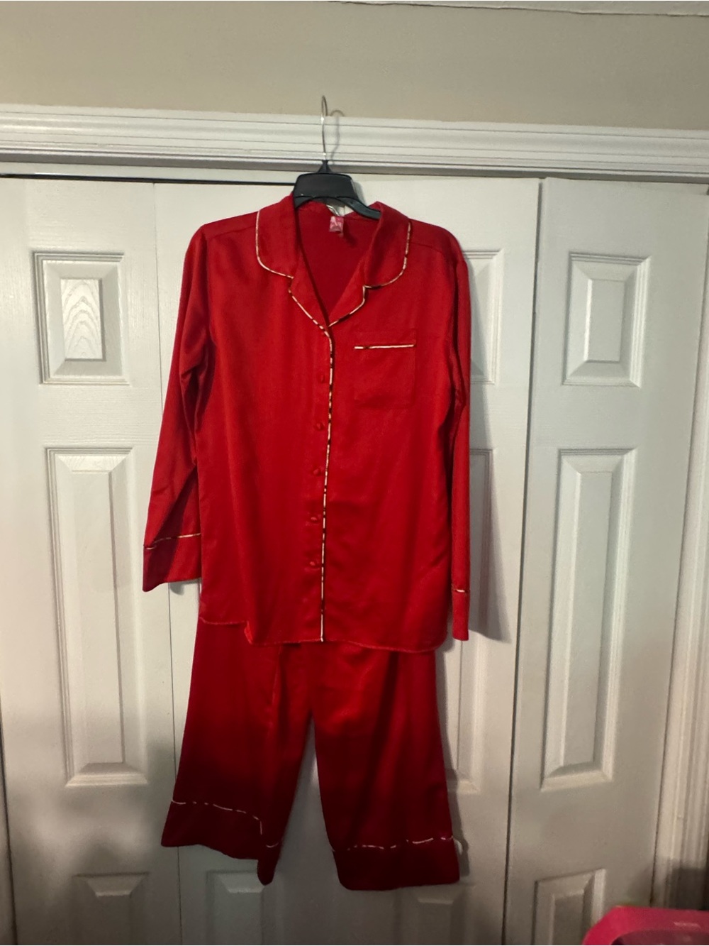 Cosmopolitan Red Satin Pajama Set with Gold Trim